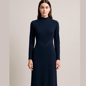 Vintage Eric Ryan black long-sleeved dress mock neck embroidered waist detail M